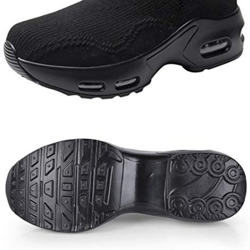 MoneRffi Womens Walking Shoes Sock Sneakers Slip On Mesh Air Cushion Platform Loafers Comfort Wedge Walking Shoes Black