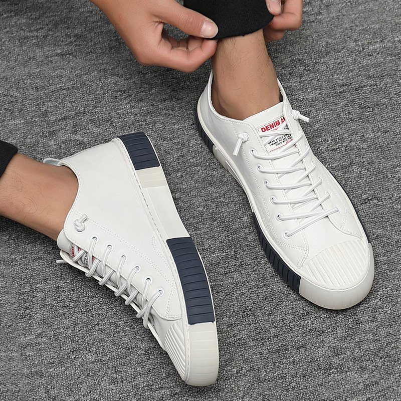 Summer men's board shoes soft leather European station white shoes men's leather trendy shoes shell-toe daily casual shoes